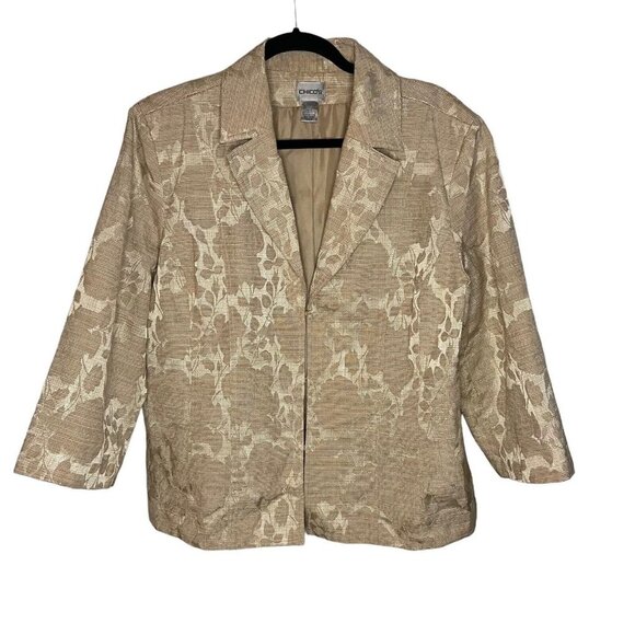 Chicos Women Size 3 XL Floral Rose Shiny Lined Blazer Jacket Hook & Eye Collared - Picture 1 of 9